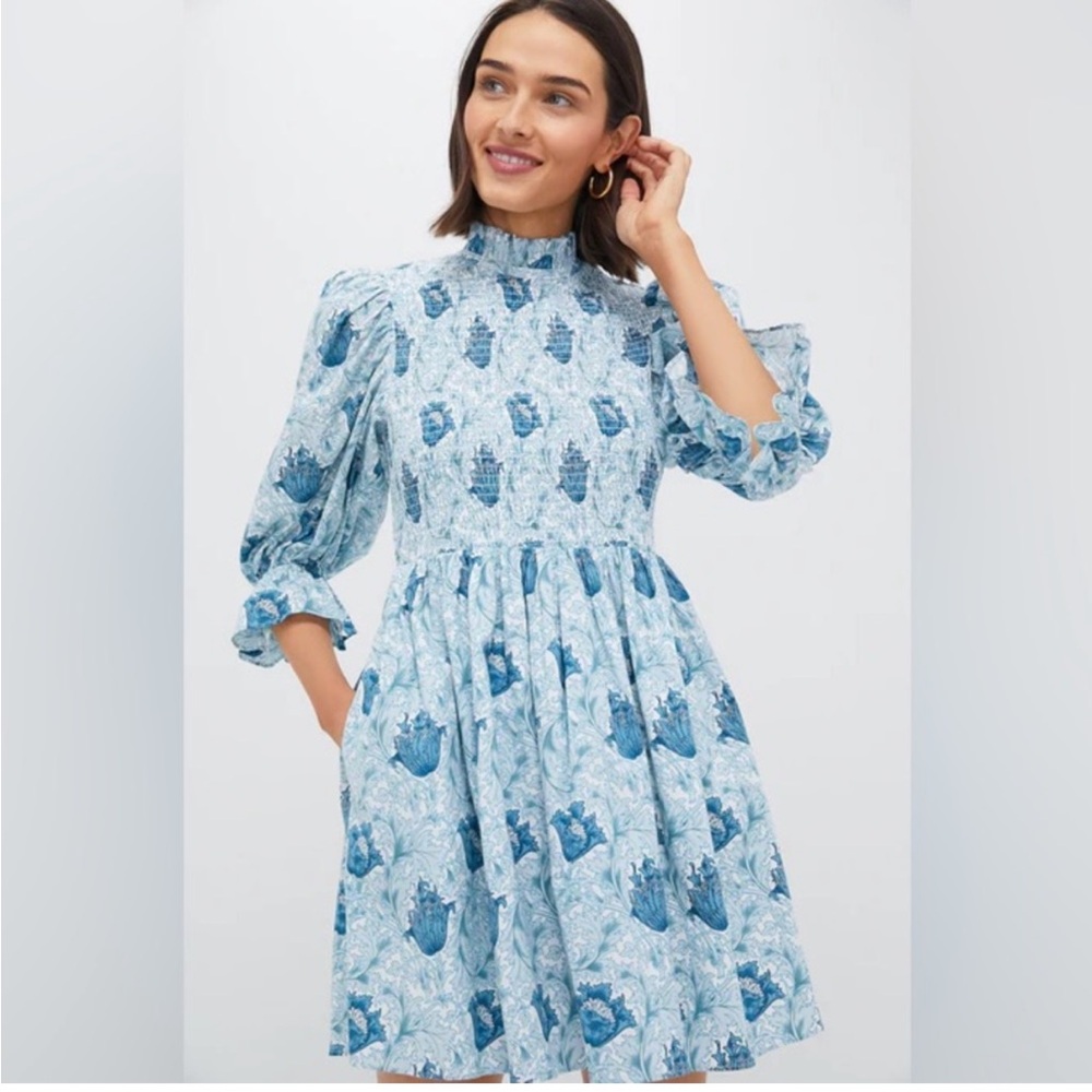 Hyacinth House | Teal Leafy Floral Smocked Larah Mini Dress | Size L - Picture 3 of 7